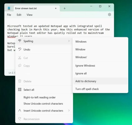 Спустя 41 год в «Блокноте» Windows 11 появилась проверка орфографии и автокоррекция