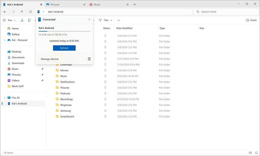 В новой сборке Windows 11 содержимое Android-смартфона отображается в проводнике без кабеля