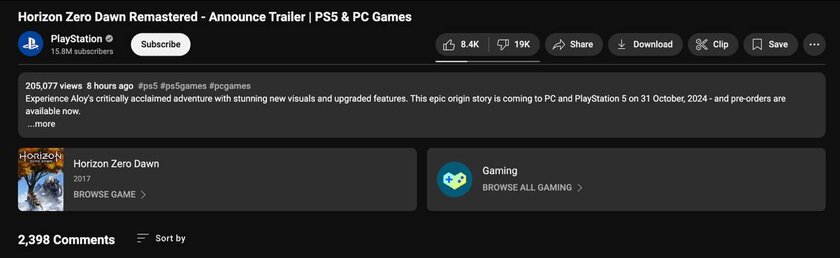 Sony анонсировала ремастер Horizon Zero Dawn для ПК и PS5: трейлер уже утонул в дизлайках