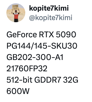 32 ГБ памяти, 600 Вт в пике и гораздо мощнее RTX 4090: инсайдер слил характеристики RTX 5090