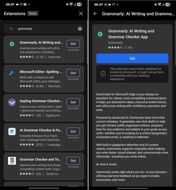 Браузер Edge для Android начинает получать расширения из компьютерной версии