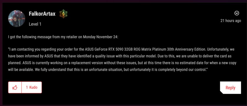 ASUS поставила на паузу поставки флагманской ROG Matrix RTX 5090 из-за проблем с качеством