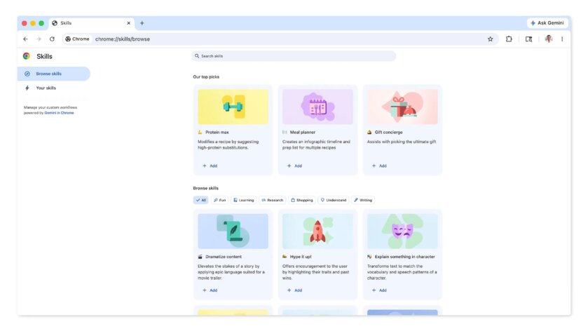 Google запускает «Навыки» для Gemini в Chrome — быстрый запуск часто используемых запросов