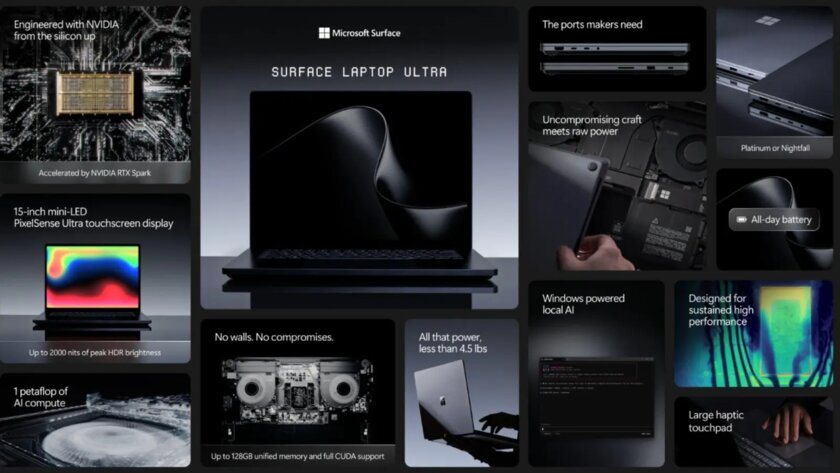 Microsoft анонсировала флагманский ноутбук Surface Laptop Ultra с NVIDIA RTX Spark