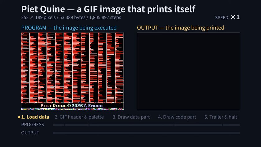 Разработчик показал работу Piet Quine — GIF-изображения, которое создаёт само себя