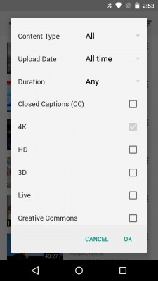 В YouTube для Android появились опции для поиска 4K-видео