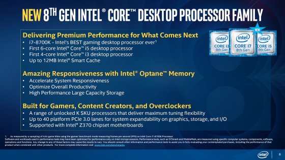 Представлены процессоры Intel Core 8-го поколения для ПК