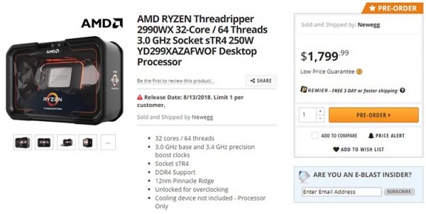 AMD открыла предзаказ на 32-ядерный Ryzen Threadripper 2990WX